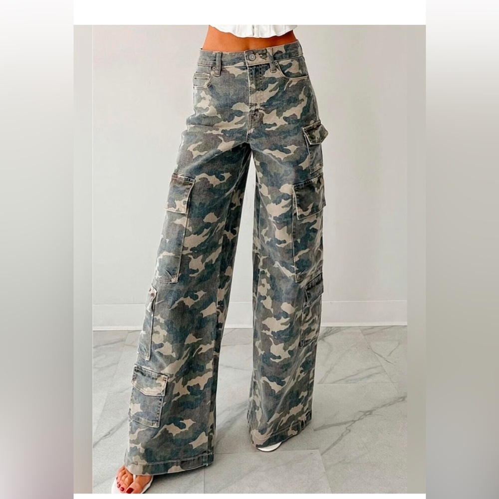 Trendy Womens High-Waist Wide-Leg Camo Cargo Denim Jeans Pants- Green